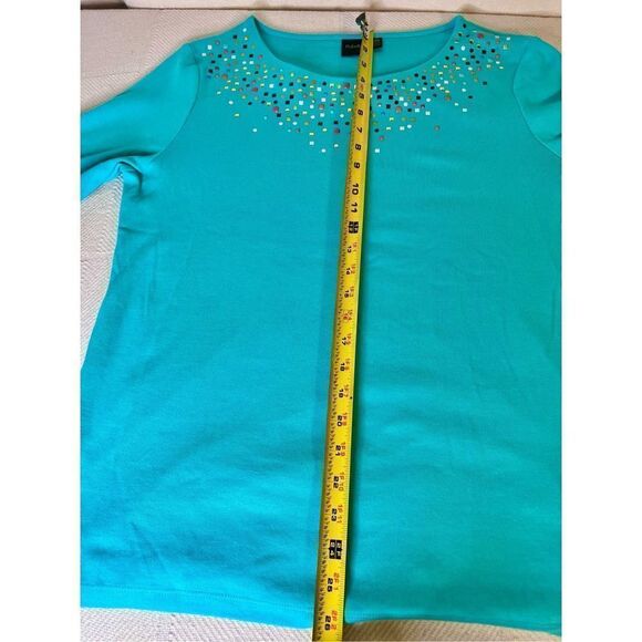 RAFAELLA SZ XL AQUA BLUE BEDAZZLED BOATNECK LONG-SLEEVE COTTON PULLOVER TOP SHIR - Picture 6 of 6